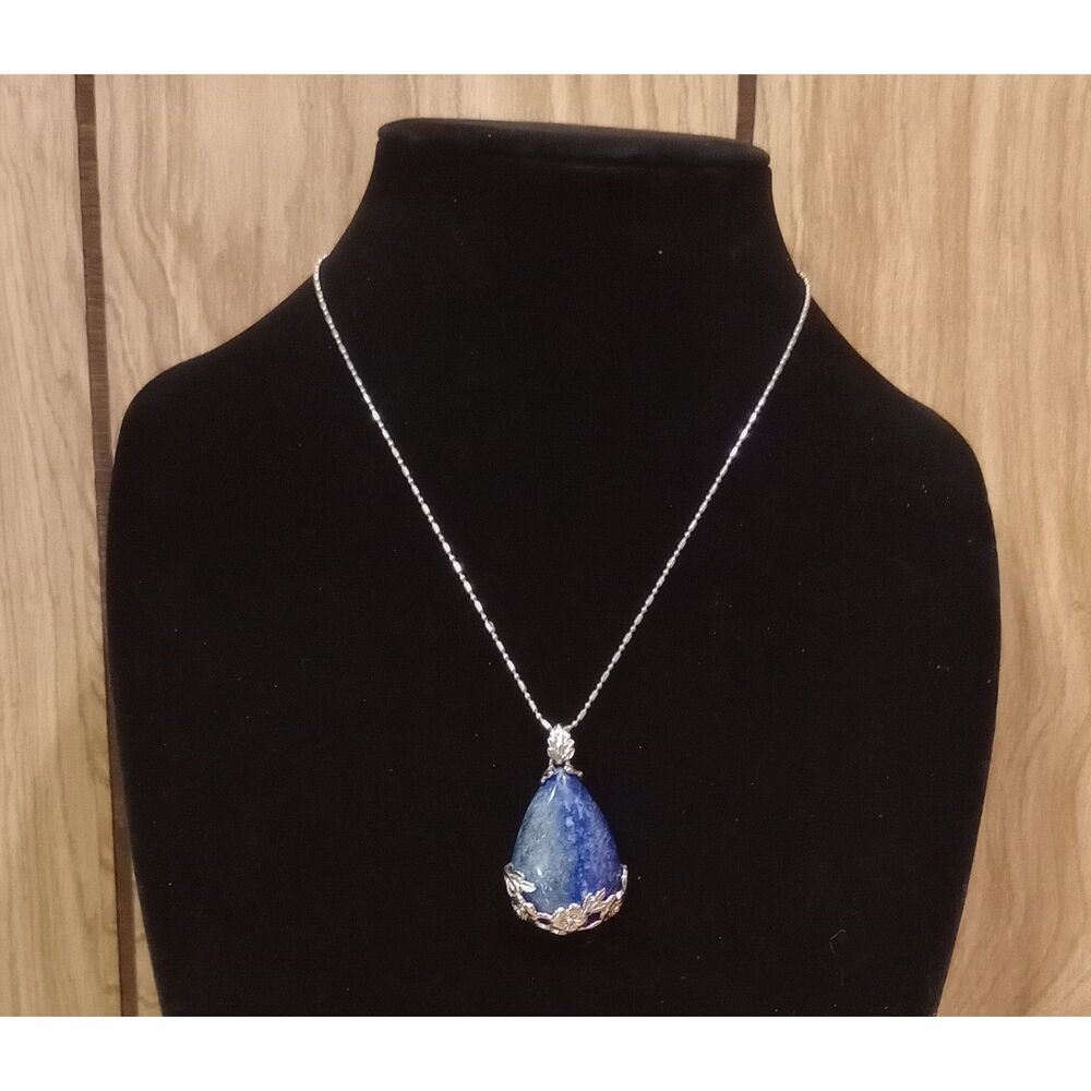 Large Teardrop Lapis Lazuli Floral Cage Pendant Silver Tone 18" Chain Necklace